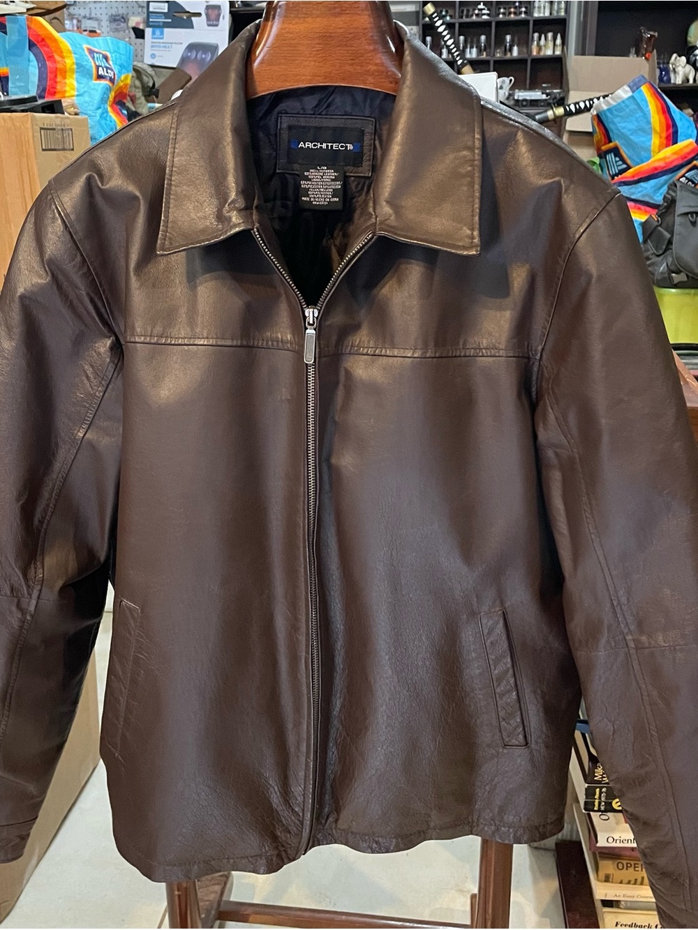 Architect Brown Leather Zip-Front Bomber Jacket with Quilted Liner